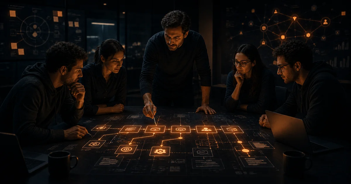 Product leader and development team redesigning an AI-augmented product delivery operating model.