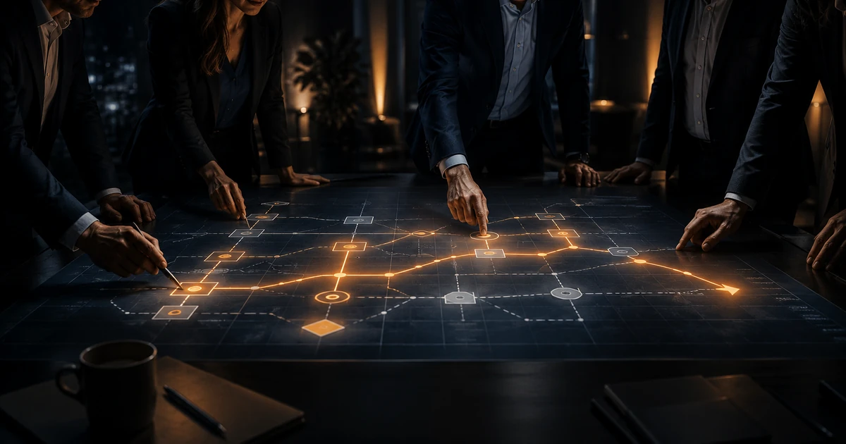 Executive team reviewing and adjusting a strategic digital transformation roadmap on a dark premium planning table.