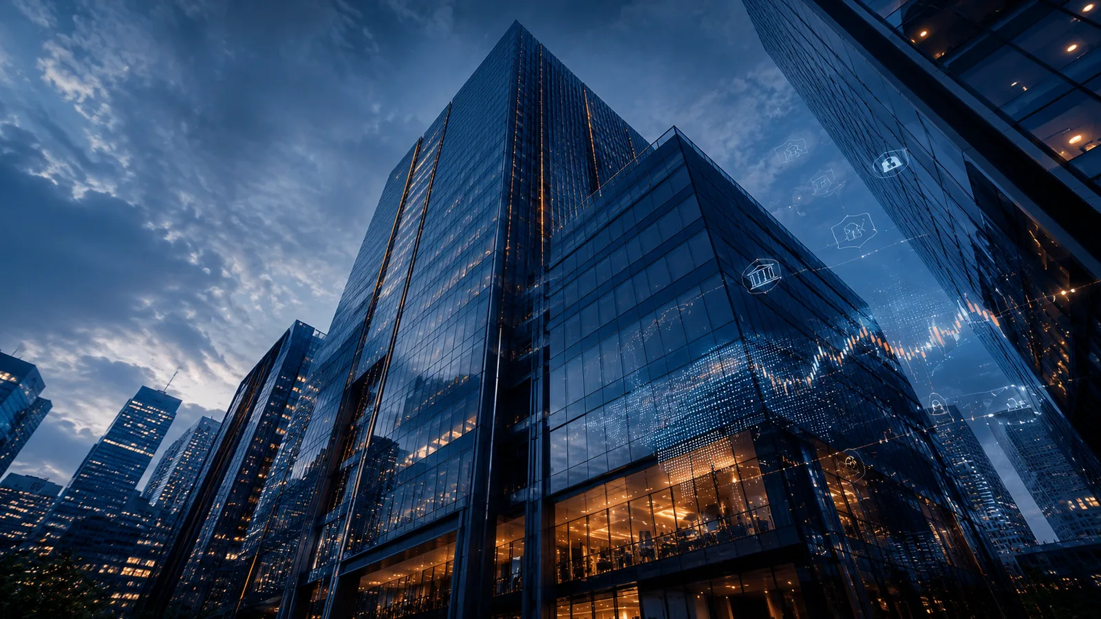 AI-powered banking and financial services transformation with executive dashboards and digital finance signals.
