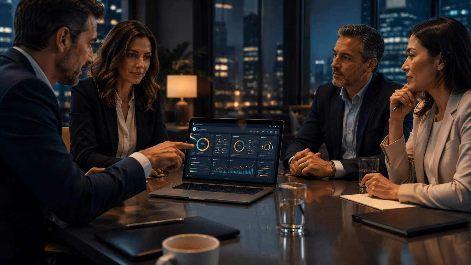 Executive operational excellence meeting with AI-assisted OKR dashboards, QBR metrics and business transformation signals.