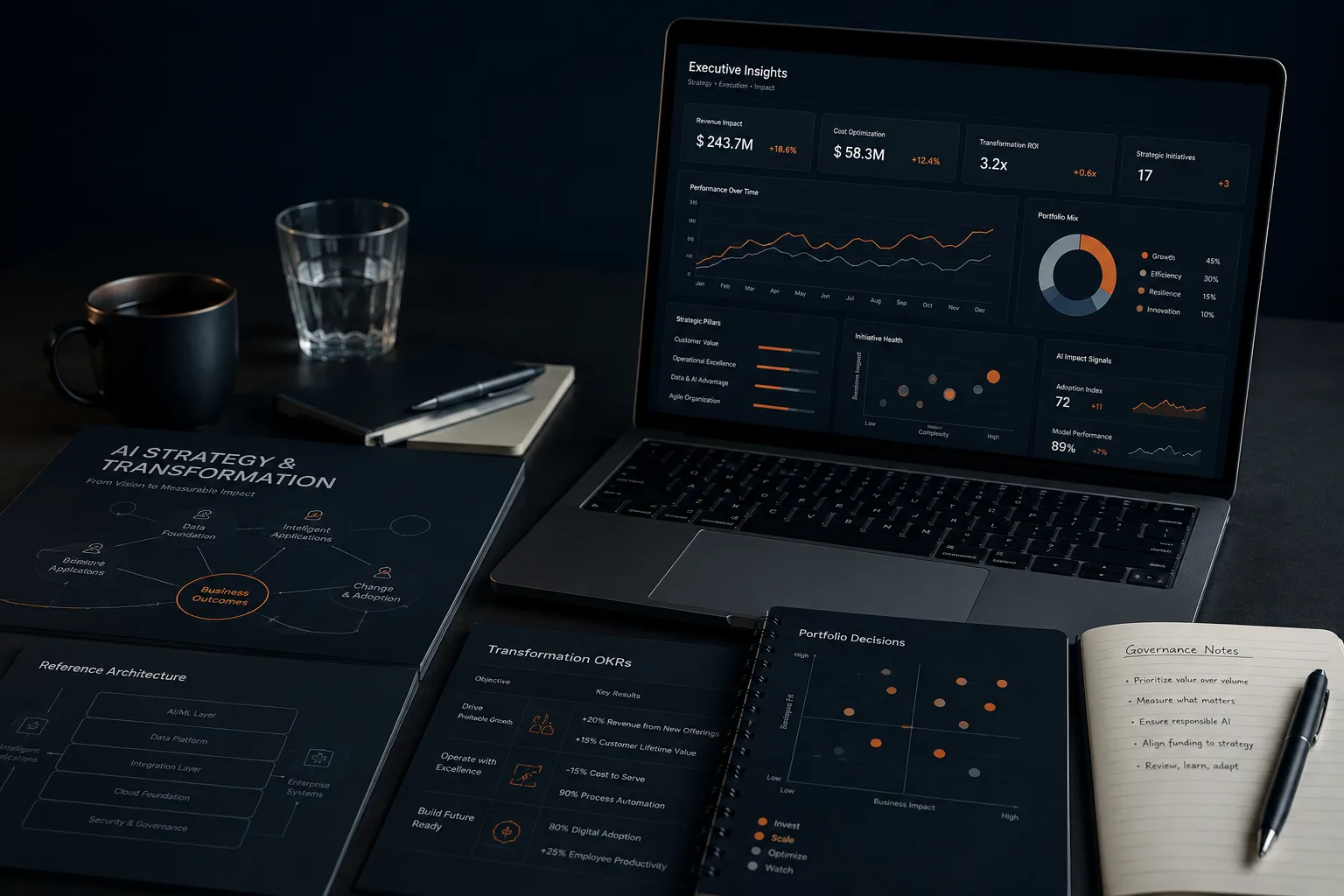 Editorial visual representing AI strategy, transformation insights and executive decision-making